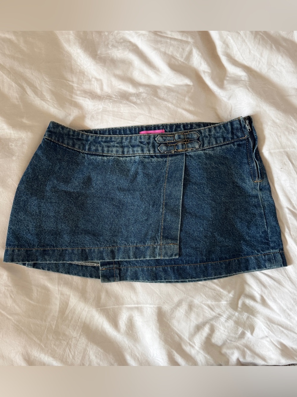 Edikted asymmetric denim wrap skort with belt detail, blue Size M